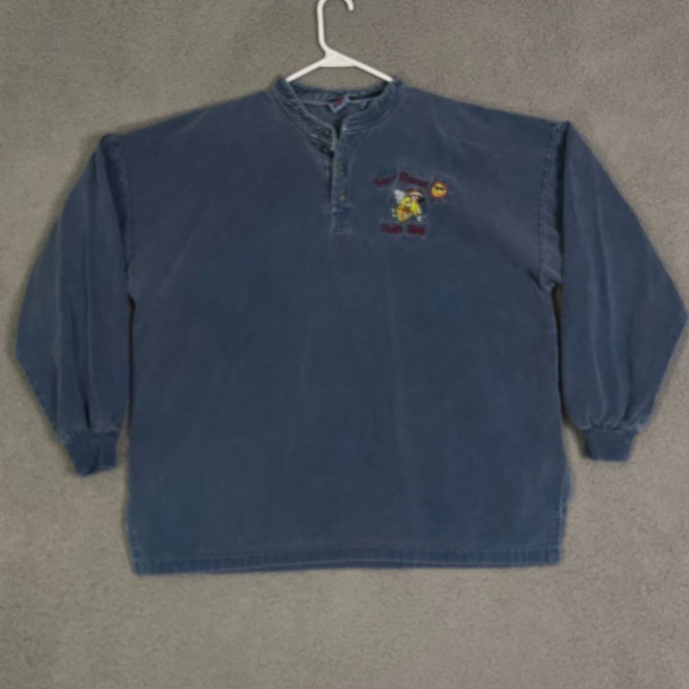 VTG Sun-Flower Craft Shop Sweater XL Blue Embroidered Fleece Lined Henley